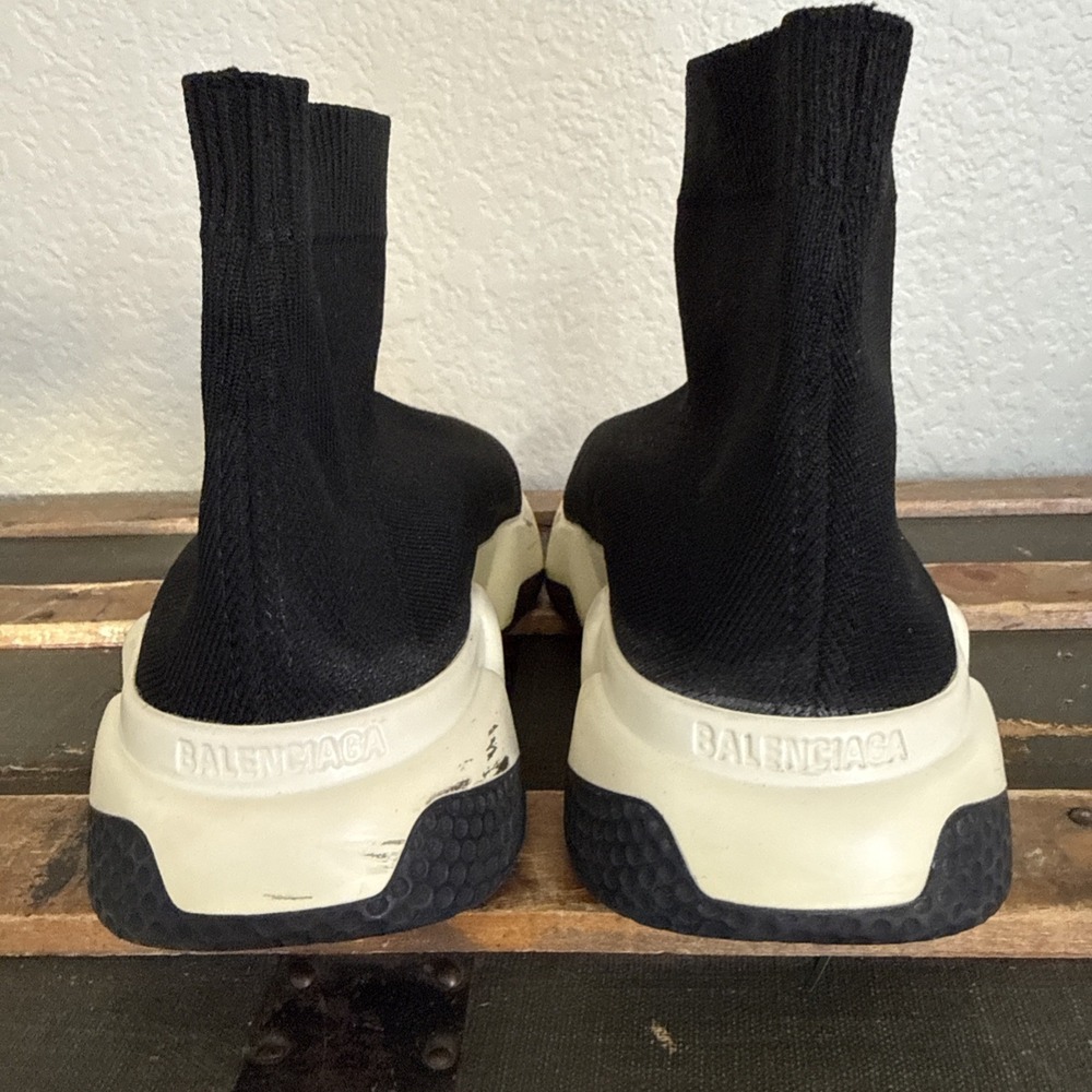Balenciaga Speed Trainer Black White High Top Knit Sneakers Rubber Sole Sz 7.5 - Picture 6 of 14